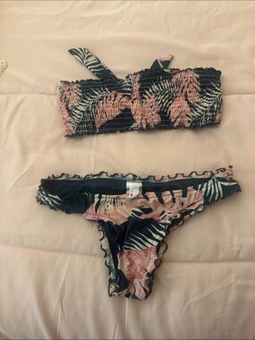 Smocked Tropical Print Bikini Set in Navy & Blush